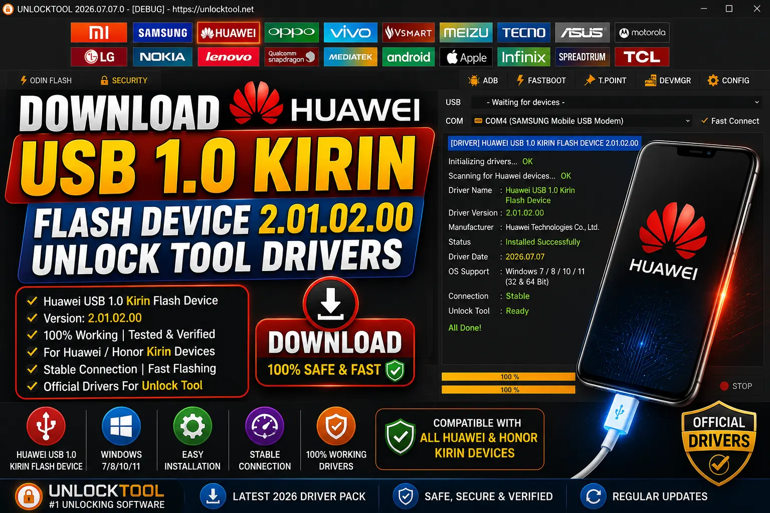 Download Huawei USB 1.0 Kirin Flash Device 2.01.02.00 Unlock Tool Drivers